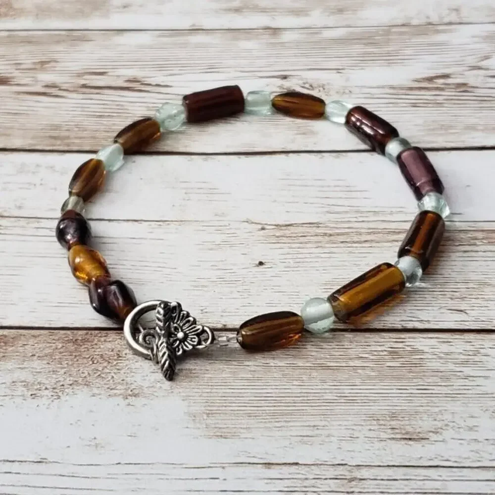 Vintage Bracelet - Pretty Brown Tones with Flower Clasp 10.5